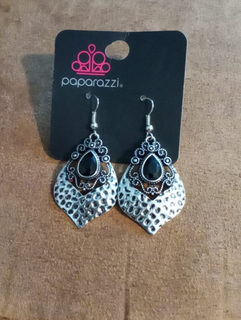 Paparazzi Black and Silver Teardrop Filigree Hammered Earrings